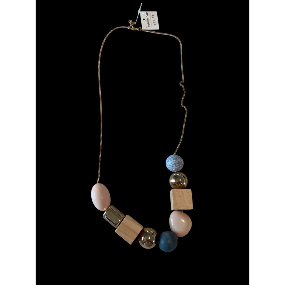 Boho Statement Necklace Mixed Wood Blue Blush Gold Beads Long Necklace NWT